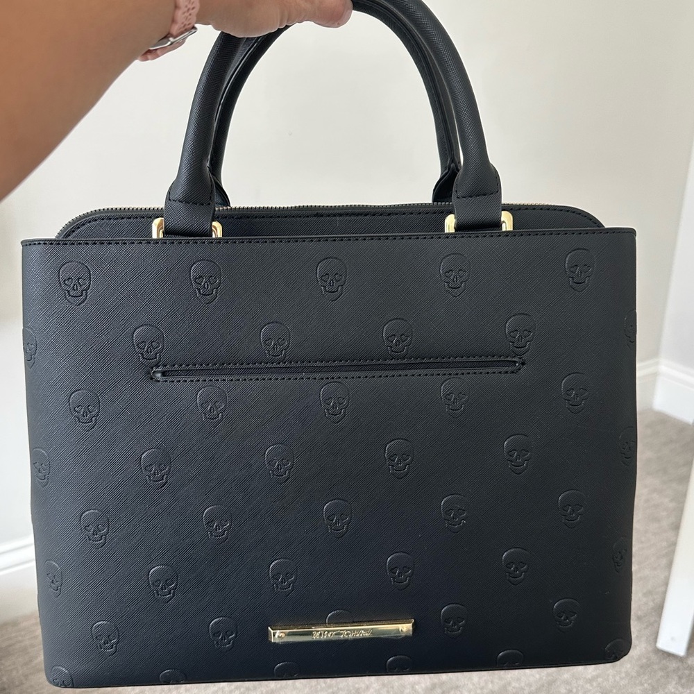 Betsy Johnson - Black Scull Embossed Tote Bag with Floral Interior